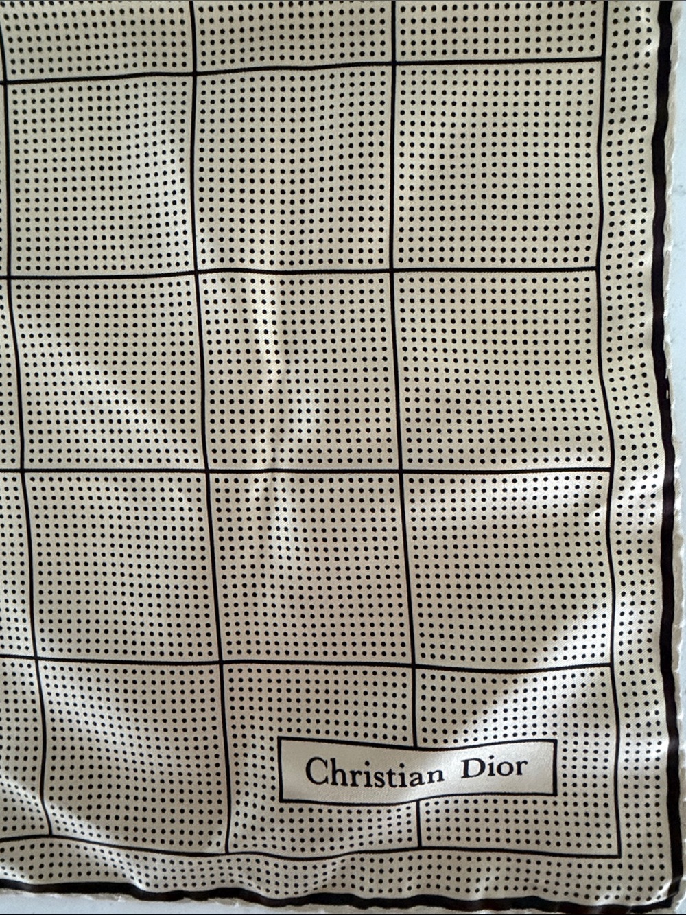 Christian Dior 100% Silk Square Neck ScarfTan with Black Dot Grid and Logo
